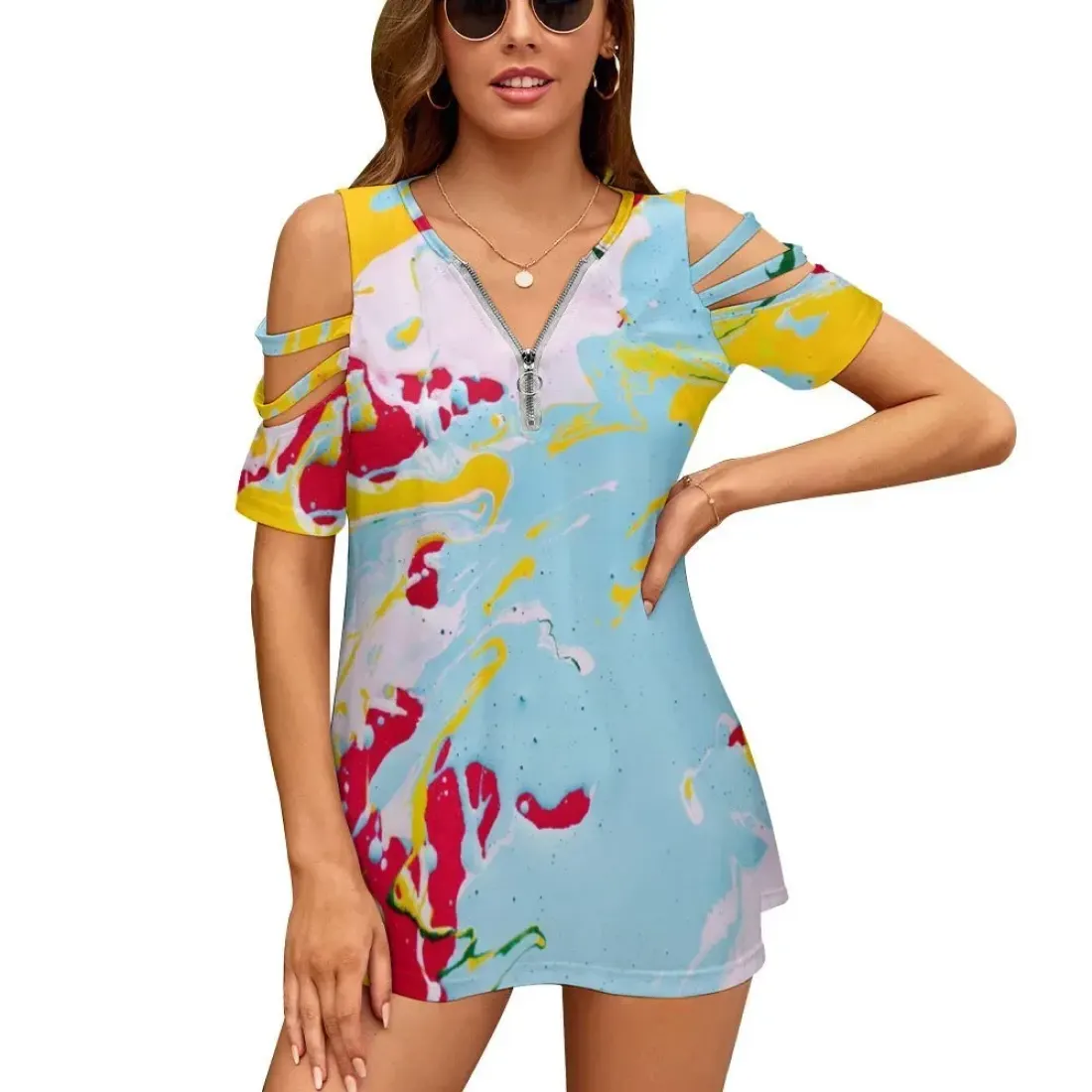 Women's Off Shoulder Zip V-Neck Tunic — photo 3