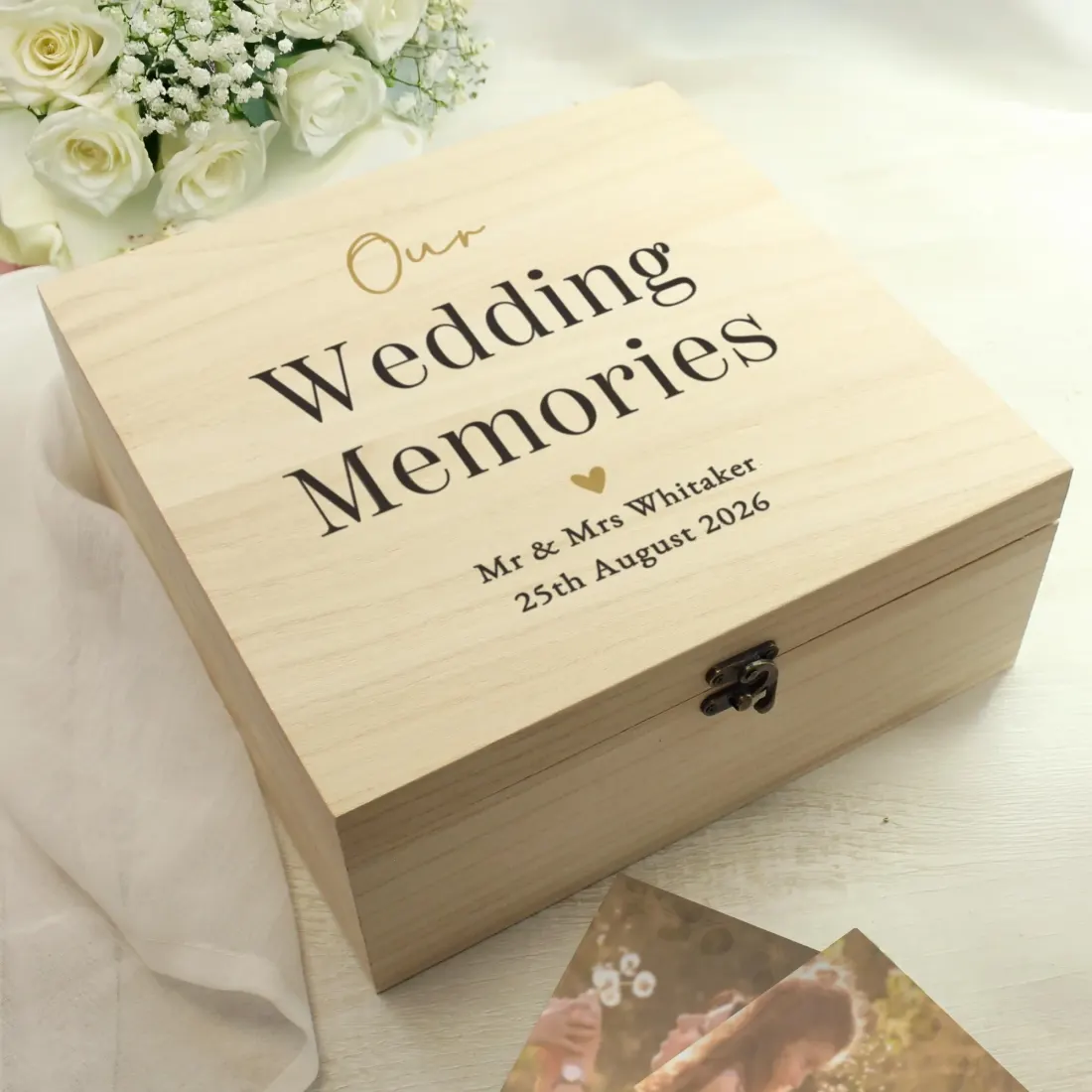 Personalised Black and Gold Wooden Keepsake Box, Our Wedding Memories Custom Memory Chest — photo 4