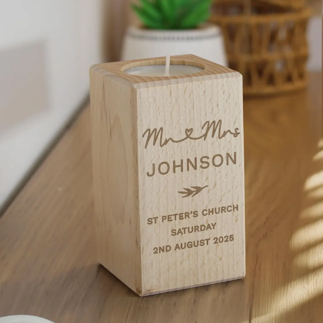 Personalised Wedding Engraved Wooden Tealight Holder — photo 3
