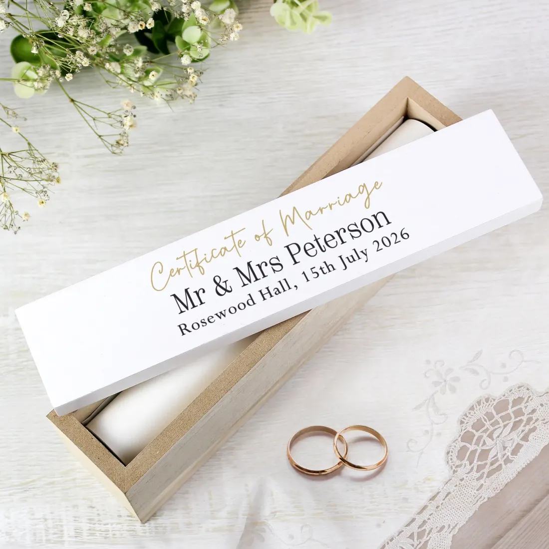 Personalised Black and Gold Certificate Holder, Custom Wedding Certificate Keepsake Box