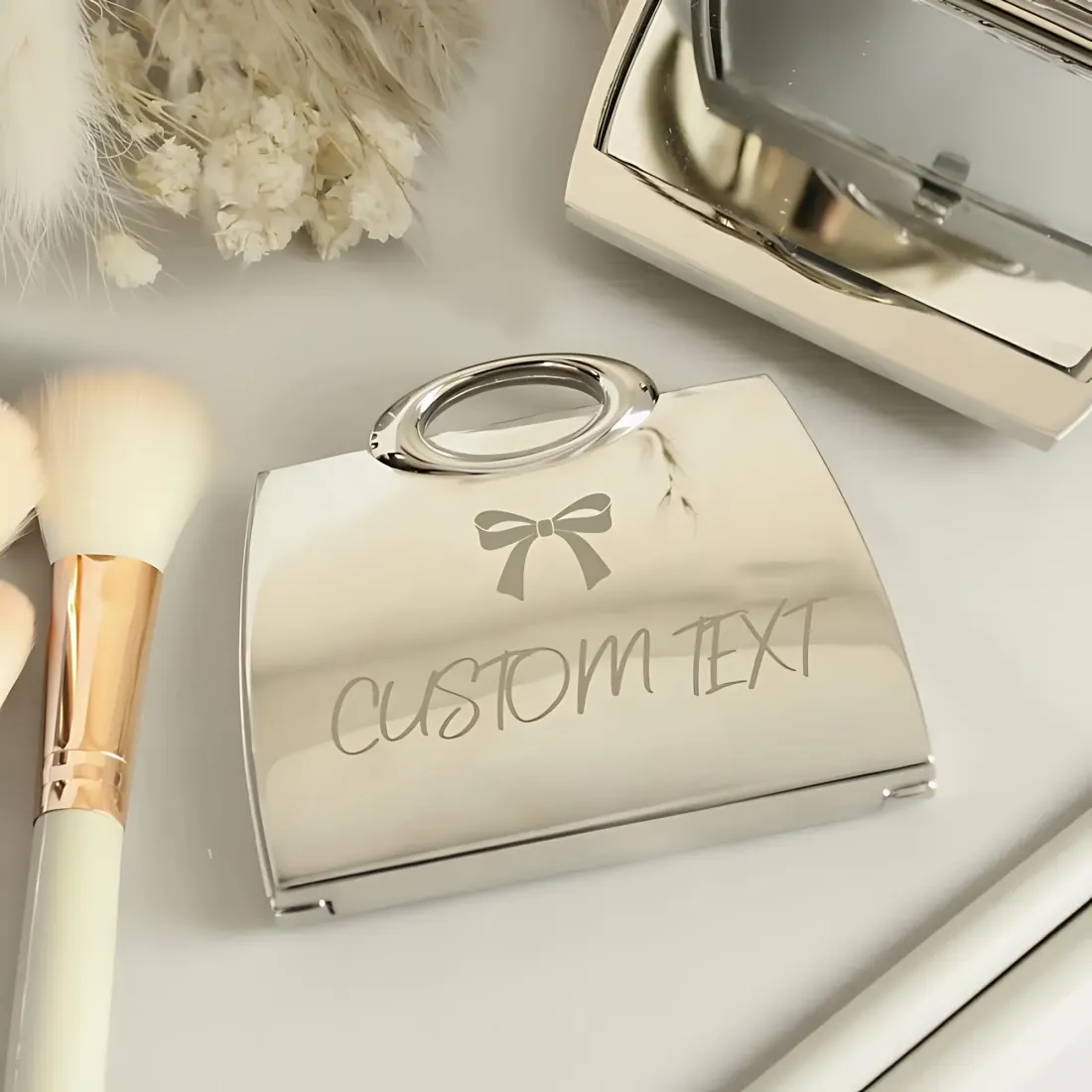 Personalised Bow Handbag Compact Mirror, Engraved Name Purse Mirror Gift for Her — photo 2