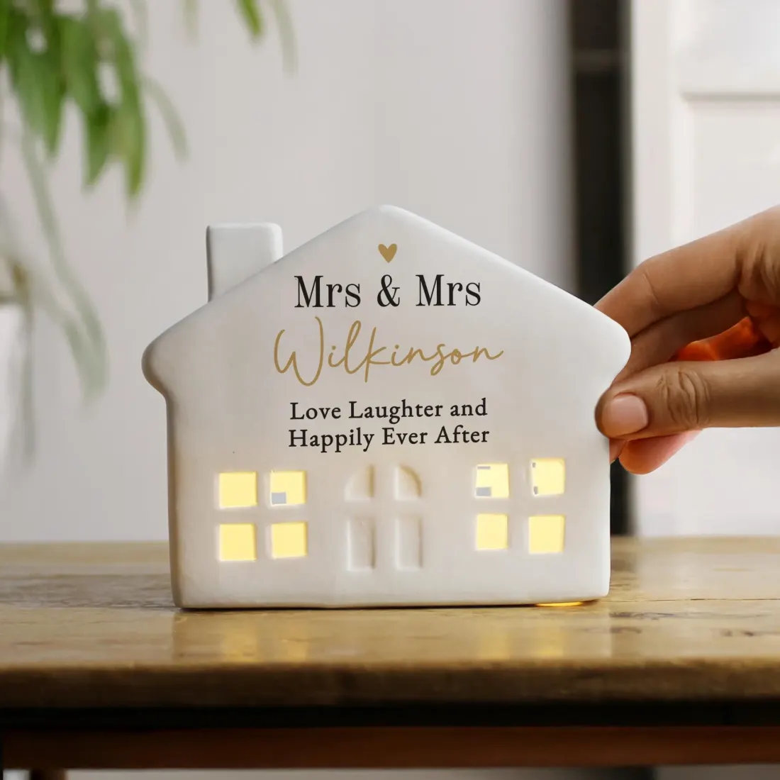 Personalised Black and Gold Ceramic LED House, Custom Light Up Home Ornament Gift