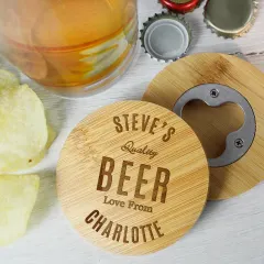 Personalised Free Text Bamboo Bottle Opener Coaster, Custom Engrave Text Gifts thumbnail 3