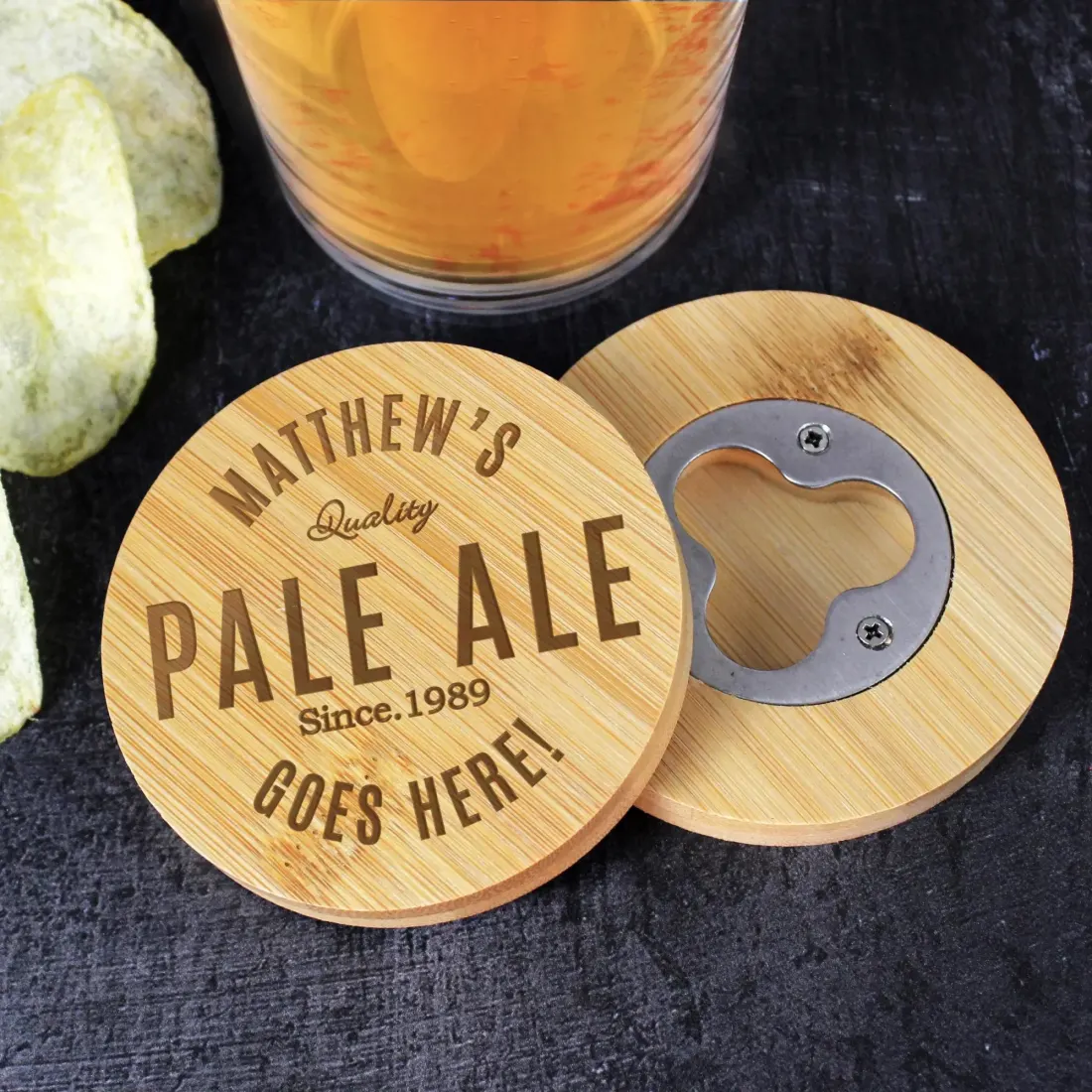 Personalised Free Text Bamboo Bottle Opener Coaster, Custom Engrave Text Gifts — photo 4