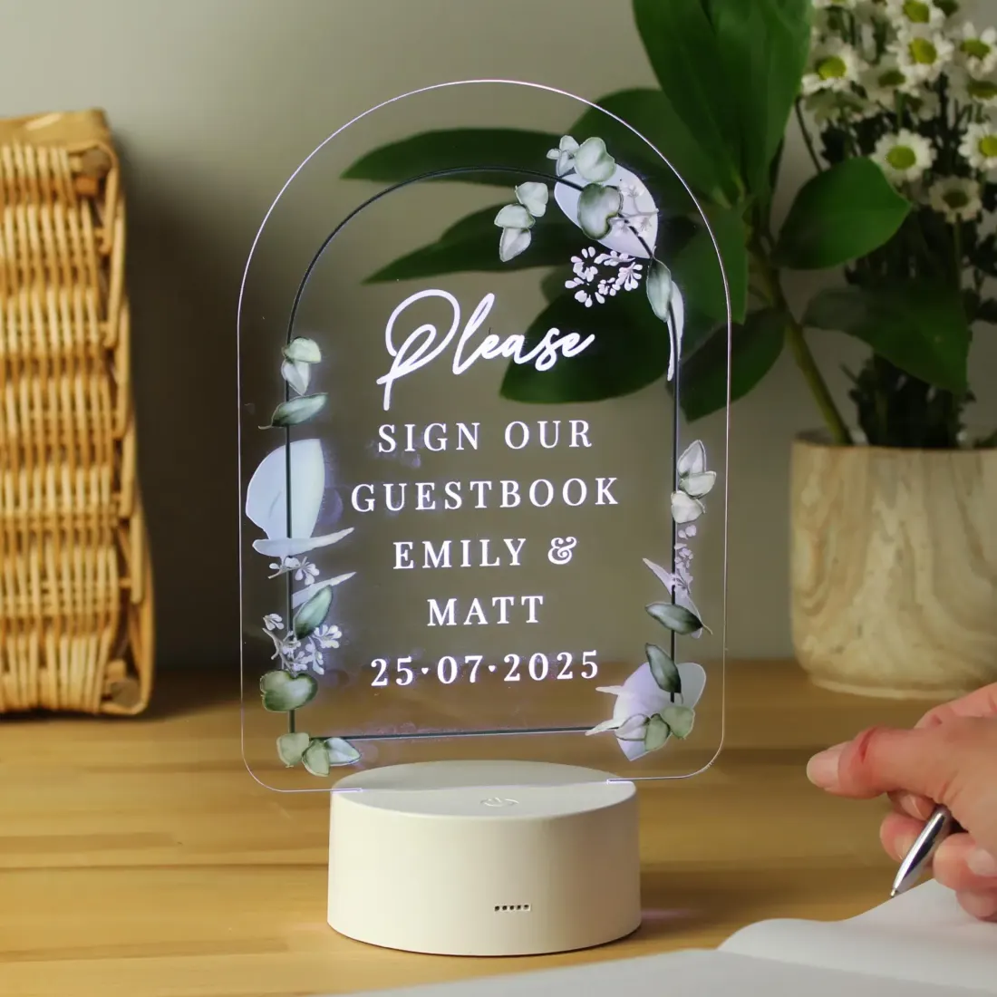 Personalised Botanical LED Wedding Sign, Colour Changing Acrylic Guestbook Display with Custom Engraving