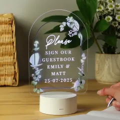 Personalised Botanical LED Wedding Sign, Colour Changing Acrylic Guestbook Display with Custom Engraving thumbnail 1