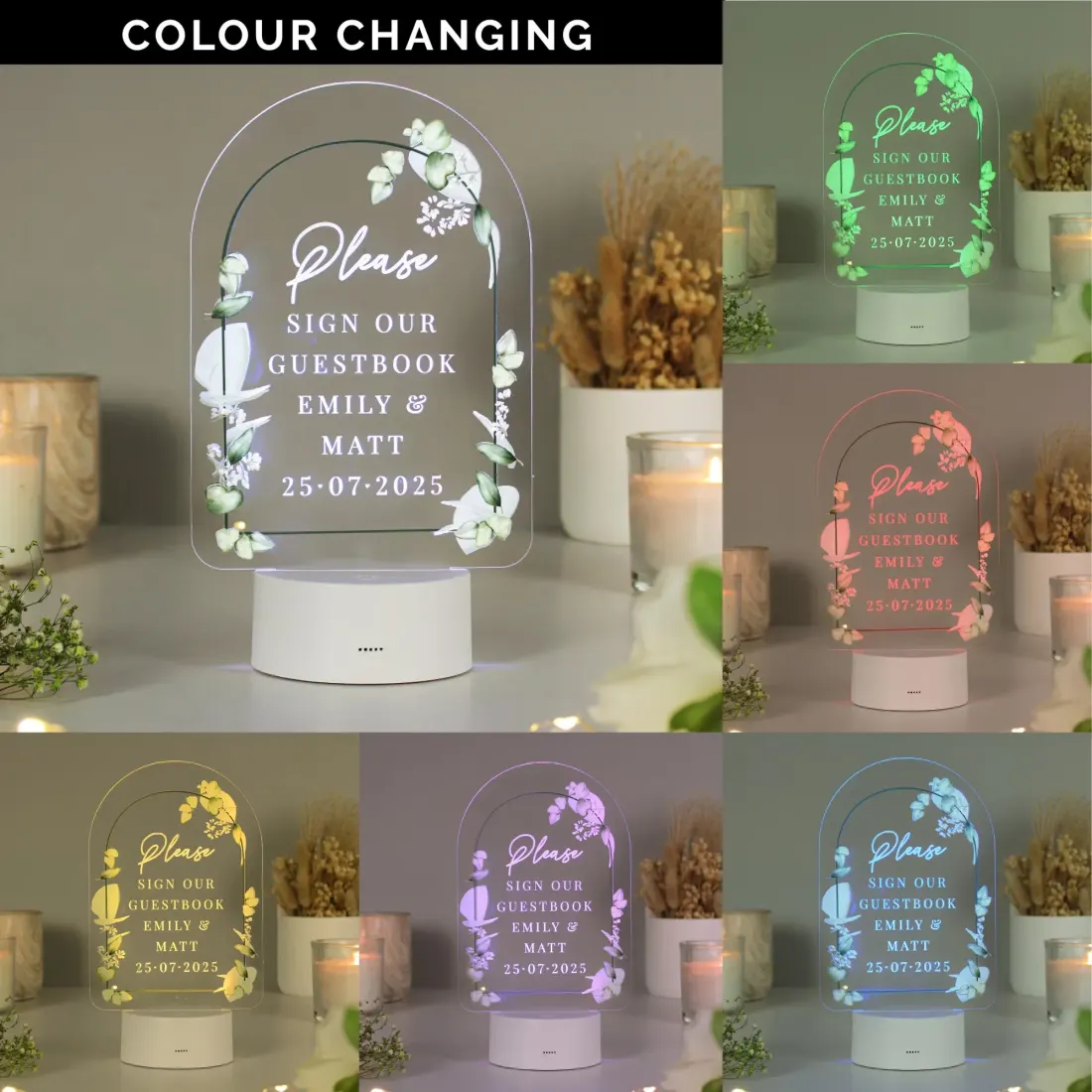 Personalised Botanical LED Wedding Sign, Colour Changing Acrylic Guestbook Display with Custom Engraving — photo 3