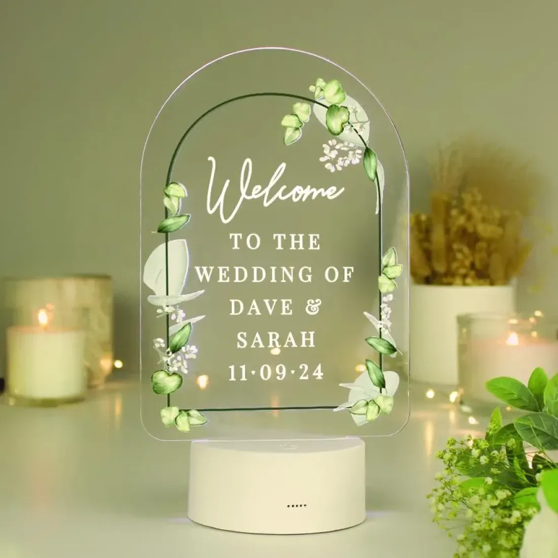 Personalised Botanical LED Wedding Sign, Colour Changing Acrylic Guestbook Display with Custom Engraving — photo 4