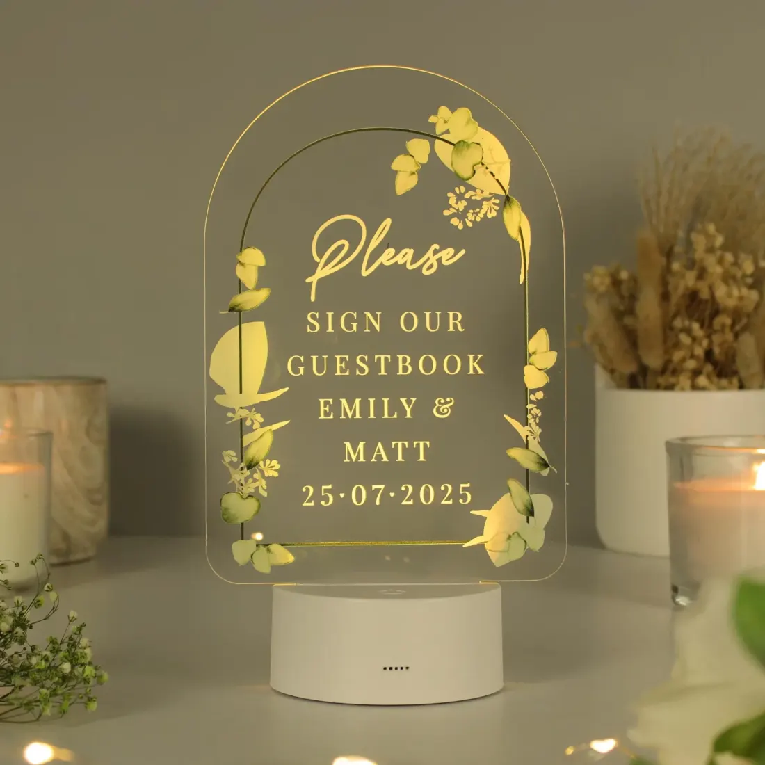 Personalised Botanical LED Wedding Sign, Colour Changing Acrylic Guestbook Display with Custom Engraving — photo 6