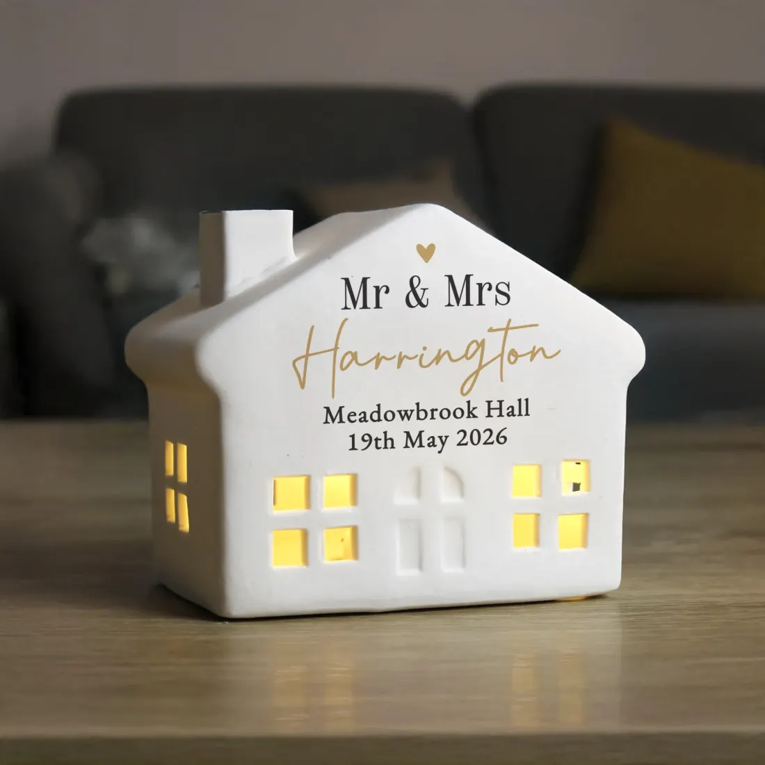 Personalised Black and Gold Ceramic LED House, Custom Light Up Home Ornament Gift — photo 4