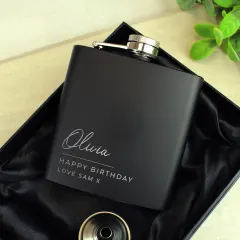 Personalised  Black Hip Flask, Custom Engraved Flask, Free Text Script Name Flask Gift thumbnail 3