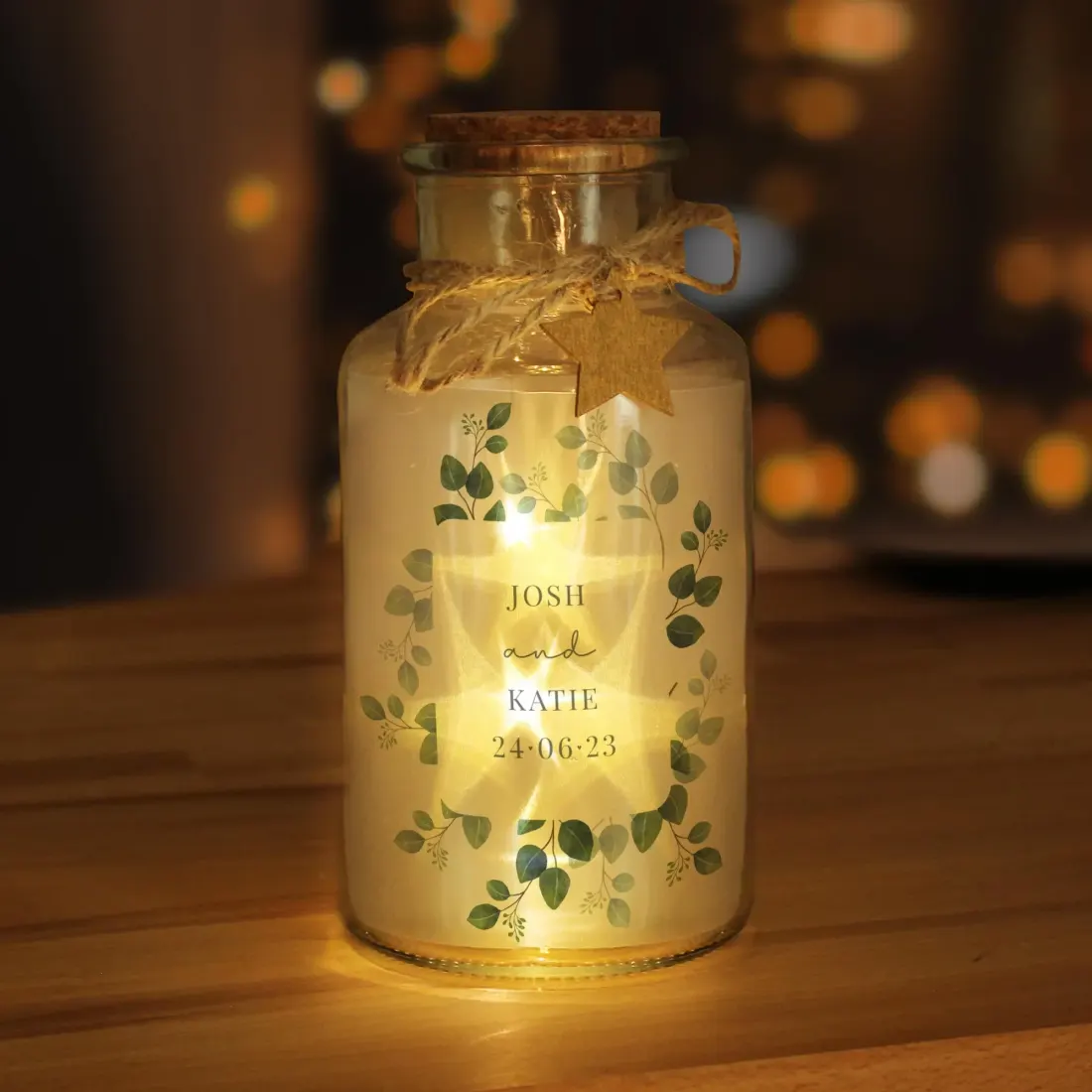 Personalised Botanical LED Glass Jar, Custom Engraved Light Up Bottle