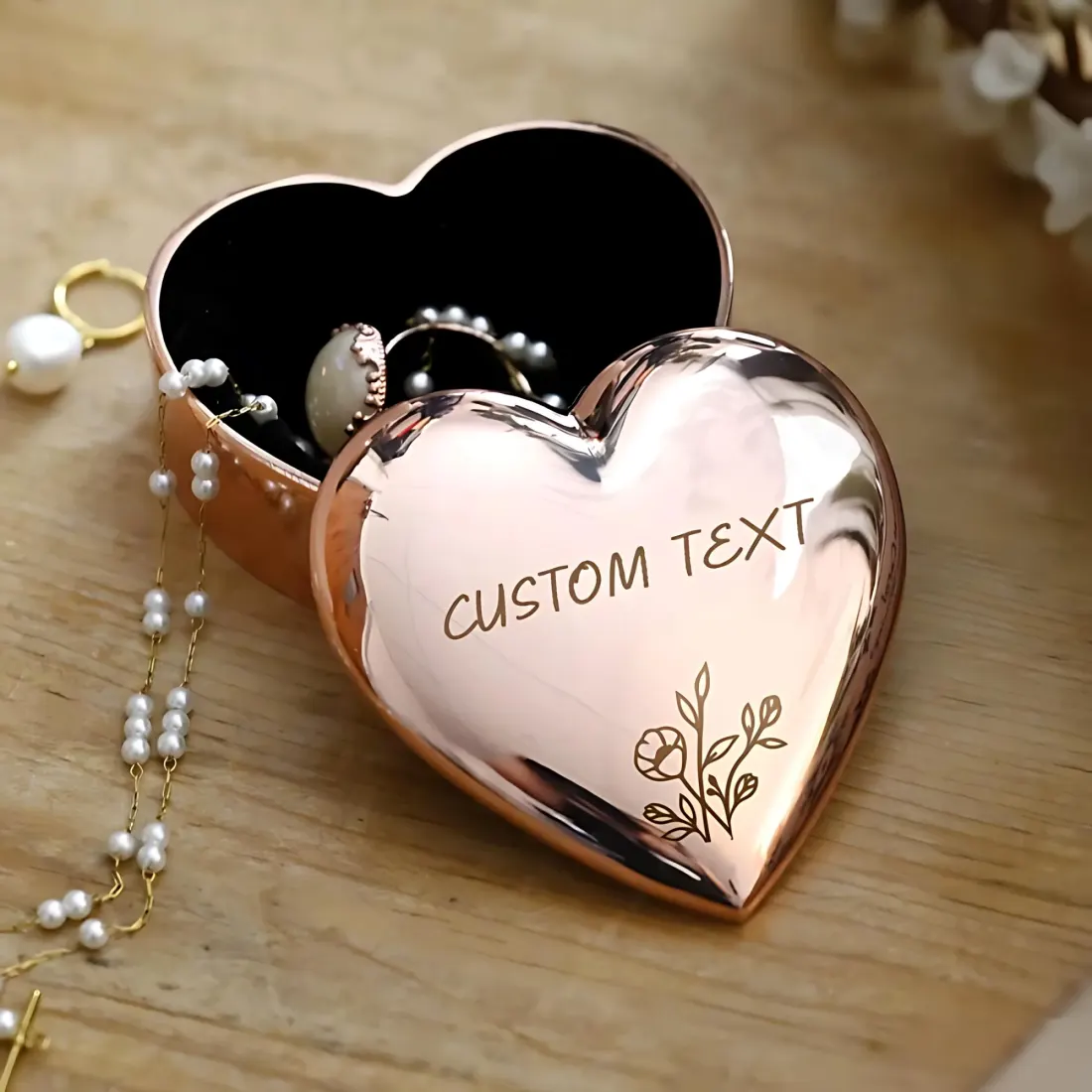 Floral Rose Gold Heart Trinket Box, Custom Engraved Jewellery Keepsake Gift for Her — photo 2