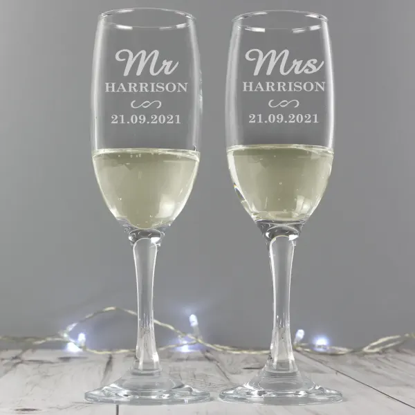 Personalised Mr and Mrs Champagne Flutes, Engraved Wedding Glasses Toast Set