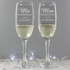 Personalised Mr and Mrs Champagne Flutes, Engraved Wedding Glasses Toast Set thumbnail 1