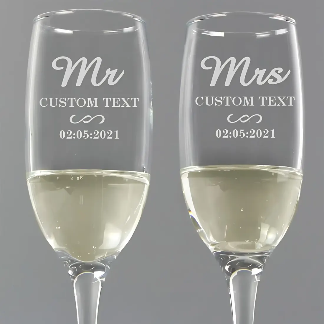 Personalised Mr and Mrs Champagne Flutes, Engraved Wedding Glasses Toast Set — photo 2