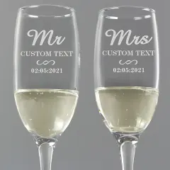 Personalised Mr and Mrs Champagne Flutes, Engraved Wedding Glasses Toast Set thumbnail 2