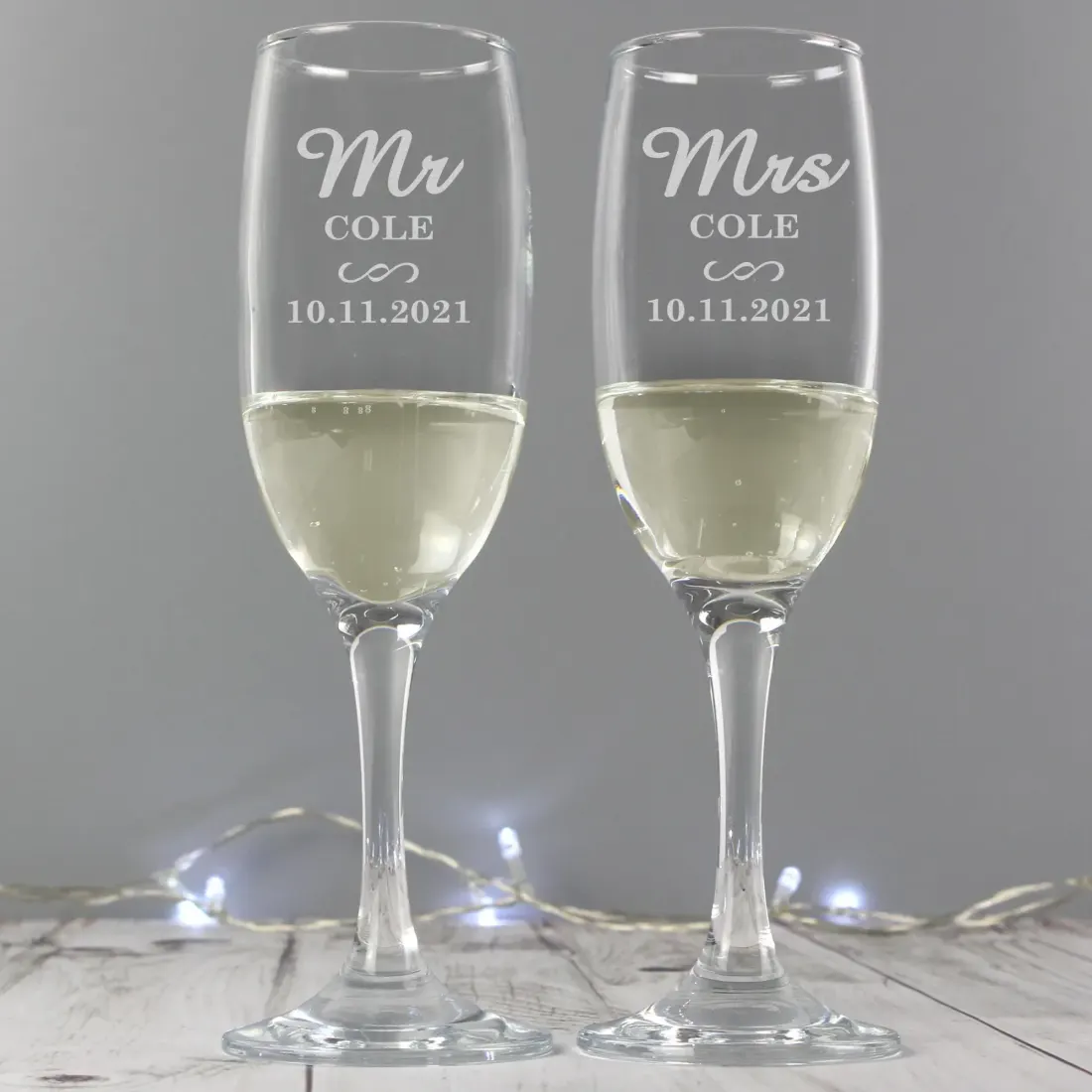 Personalised Mr and Mrs Champagne Flutes, Engraved Wedding Glasses Toast Set — photo 3