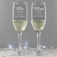Personalised Mr and Mrs Champagne Flutes, Engraved Wedding Glasses Toast Set thumbnail 3