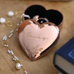 Floral Rose Gold Heart Trinket Box, Custom Engraved Jewellery Keepsake Gift for Her thumbnail 3