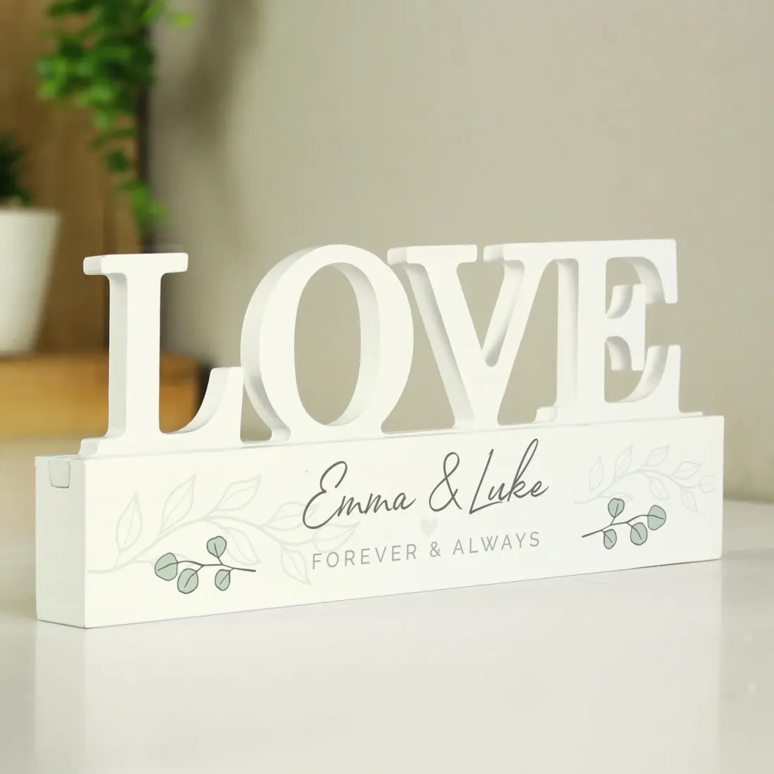Personalised Botanical Wooden Love Ornament, Custom Names and Message Gifts