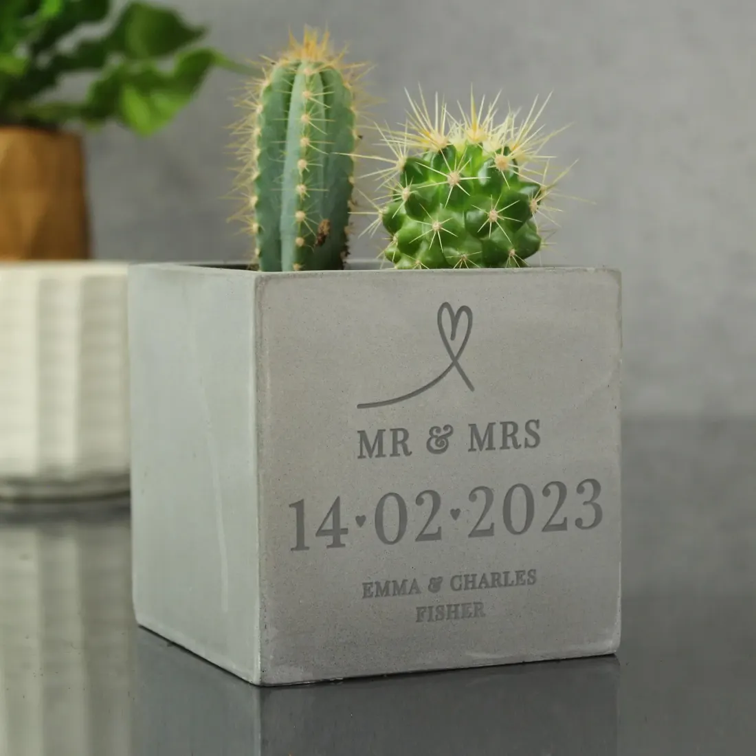 Personalised Engraved Concrete Plant Pot, Custom Names and Special Date — photo 5