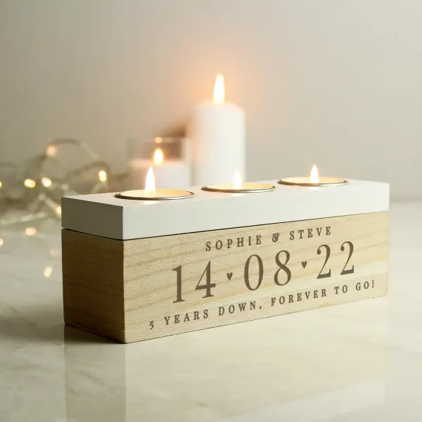 Personalised Wooden Triple Tealight Holder, Custom Names and Special Date