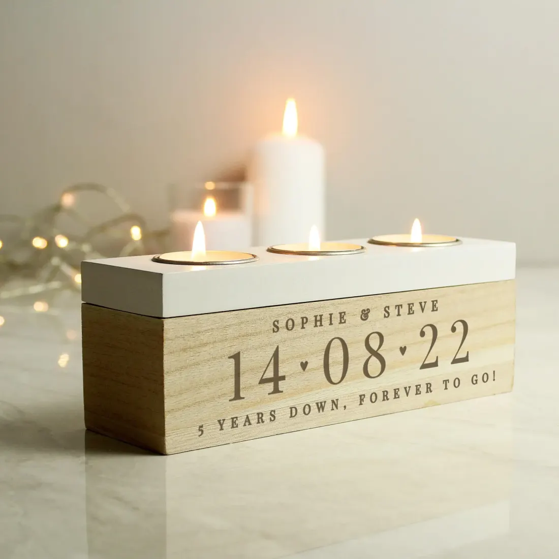 Personalised Wooden Triple Tealight Holder, Custom Names and Special Date