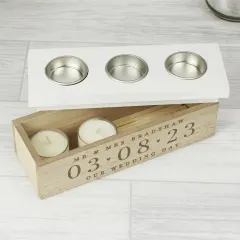 Personalised Wooden Triple Tealight Holder, Custom Names and Special Date thumbnail 3