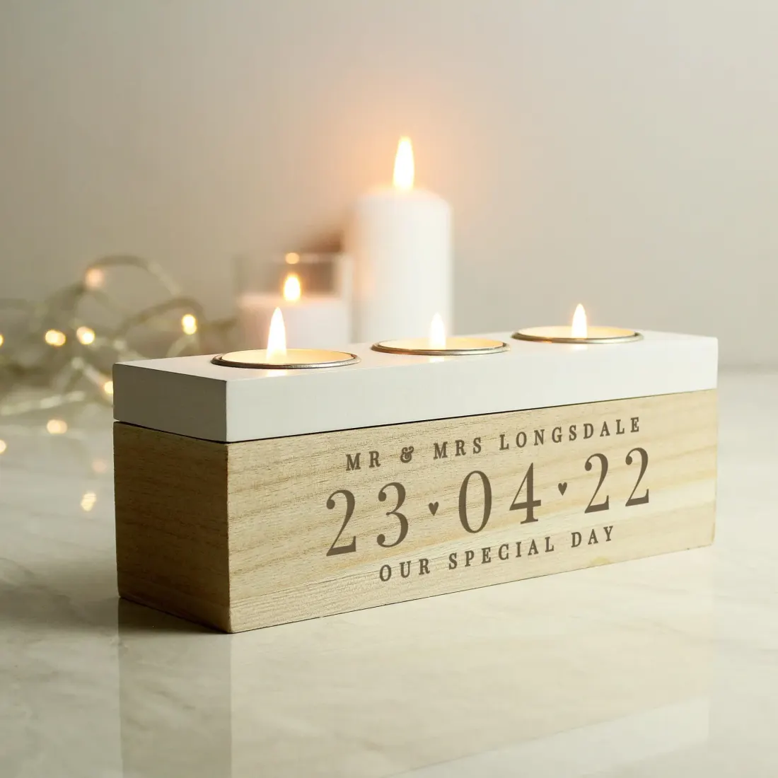 Personalised Wooden Triple Tealight Holder, Custom Names and Special Date — photo 5