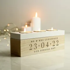 Personalised Wooden Triple Tealight Holder, Custom Names and Special Date thumbnail 5