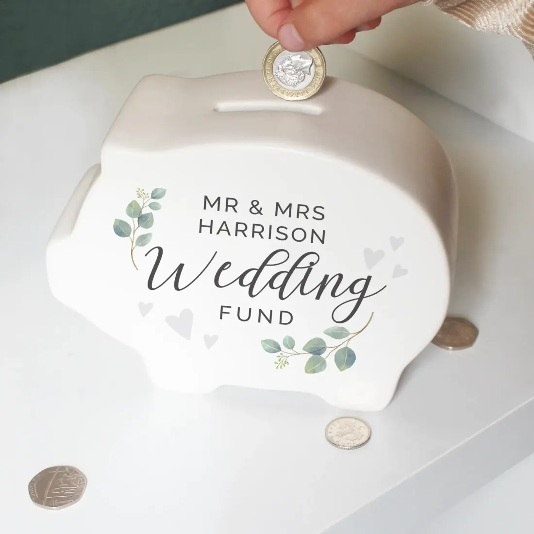 Personalised Wedding Piggy Bank, Custom Wedding Fund Box Engraved Savings Money Bank Gift