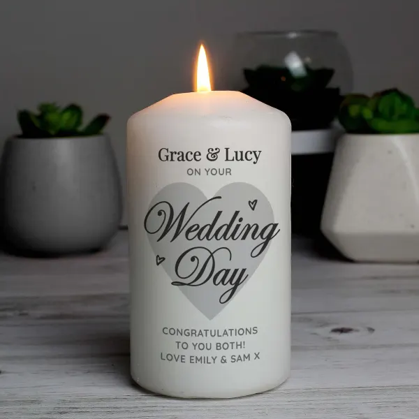 Personalised Wedding Day Pillar Candle, Custom Engraved White Heart Keepsake for Couples