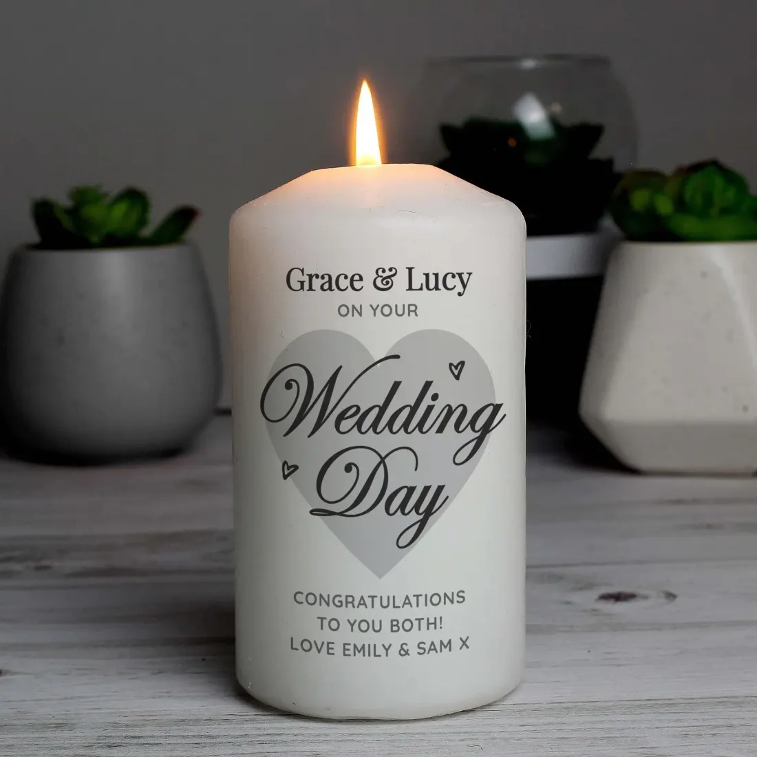Personalised Wedding Day Pillar Candle, Custom Engraved White Heart Keepsake for Couples