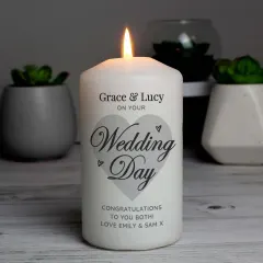 Personalised Wedding Day Pillar Candle, Custom Engraved White Heart Keepsake for Couples thumbnail 1