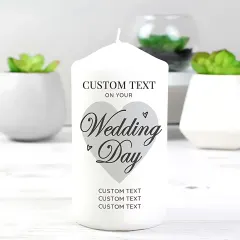 Personalised Wedding Day Pillar Candle, Custom Engraved White Heart Keepsake for Couples thumbnail 2