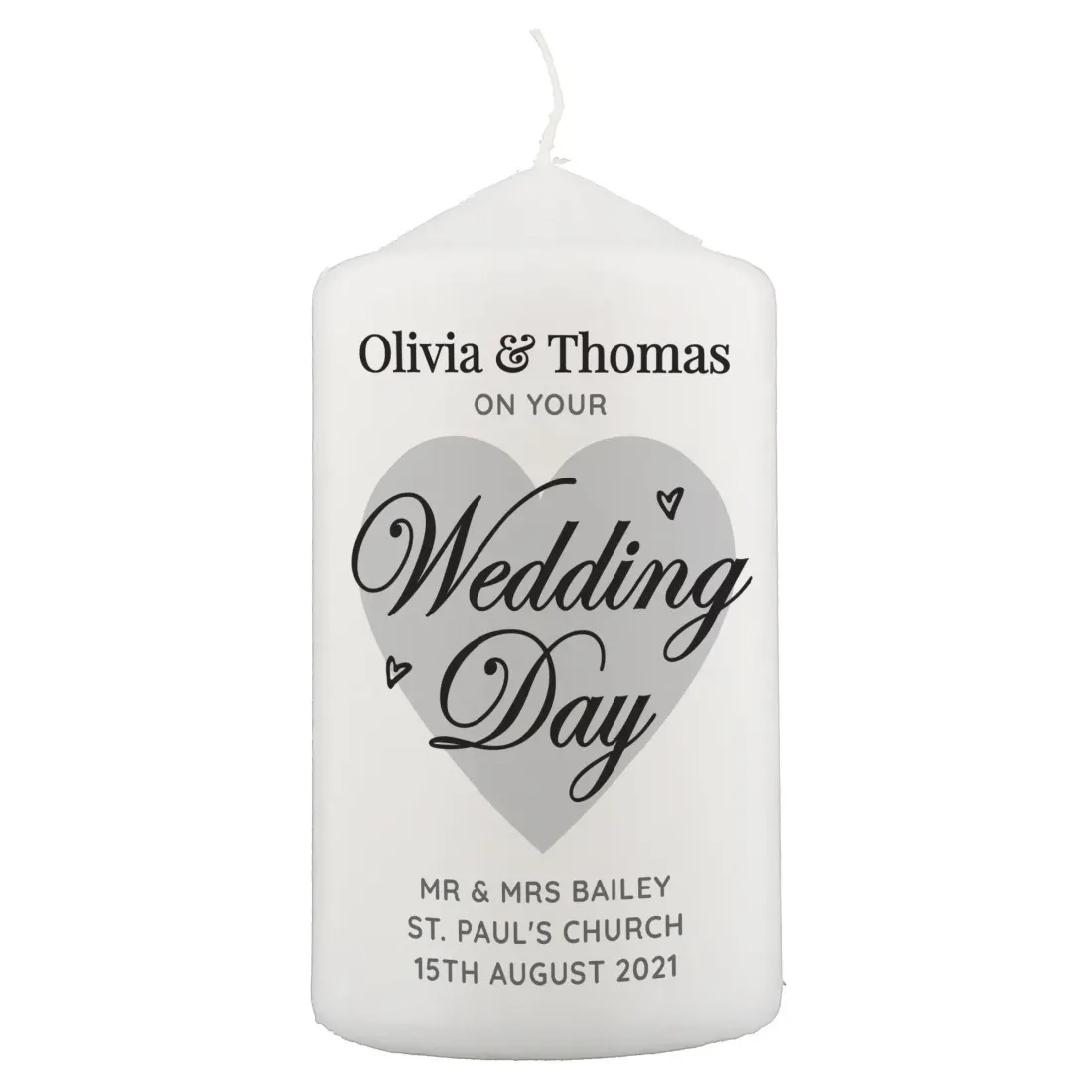Personalised Wedding Day Pillar Candle, Custom Engraved White Heart Keepsake for Couples — photo 3