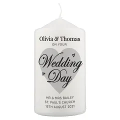 Personalised Wedding Day Pillar Candle, Custom Engraved White Heart Keepsake for Couples thumbnail 3