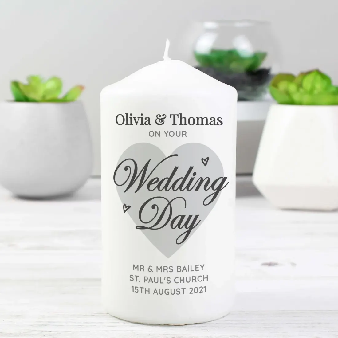 Personalised Wedding Day Pillar Candle, Custom Engraved White Heart Keepsake for Couples — photo 4
