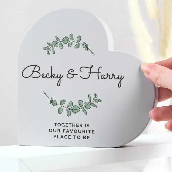 Personalised Grey Wood Heart Ornament, Botanical Leaf Engraved Keepsake, Wedding Home Decor