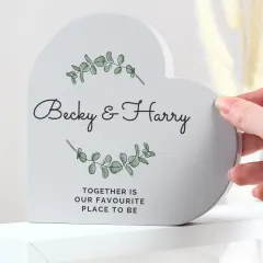 Personalised Grey Wood Heart Ornament, Botanical Leaf Engraved Keepsake, Wedding Home Decor thumbnail 1
