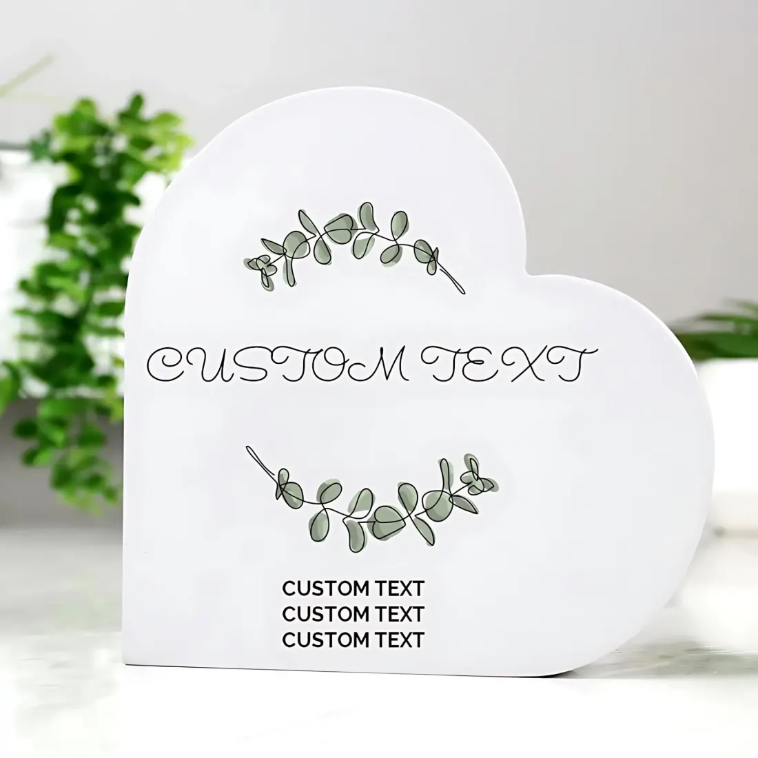 Personalised Grey Wood Heart Ornament, Botanical Leaf Engraved Keepsake, Wedding Home Decor — photo 2