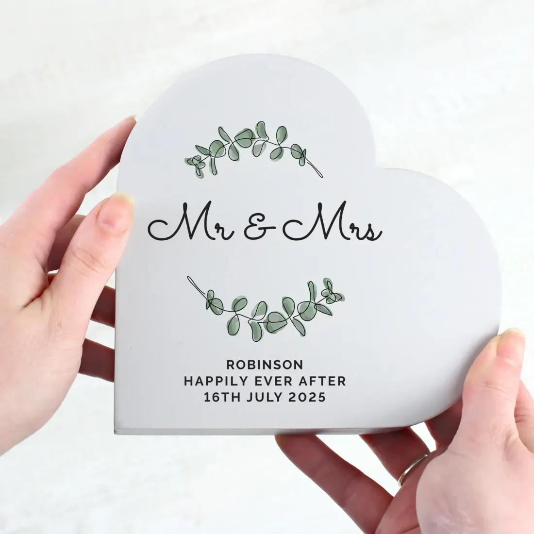 Personalised Grey Wood Heart Ornament, Botanical Leaf Engraved Keepsake, Wedding Home Decor — photo 4