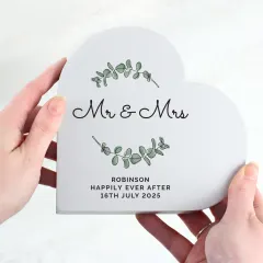 Personalised Grey Wood Heart Ornament, Botanical Leaf Engraved Keepsake, Wedding Home Decor thumbnail 4