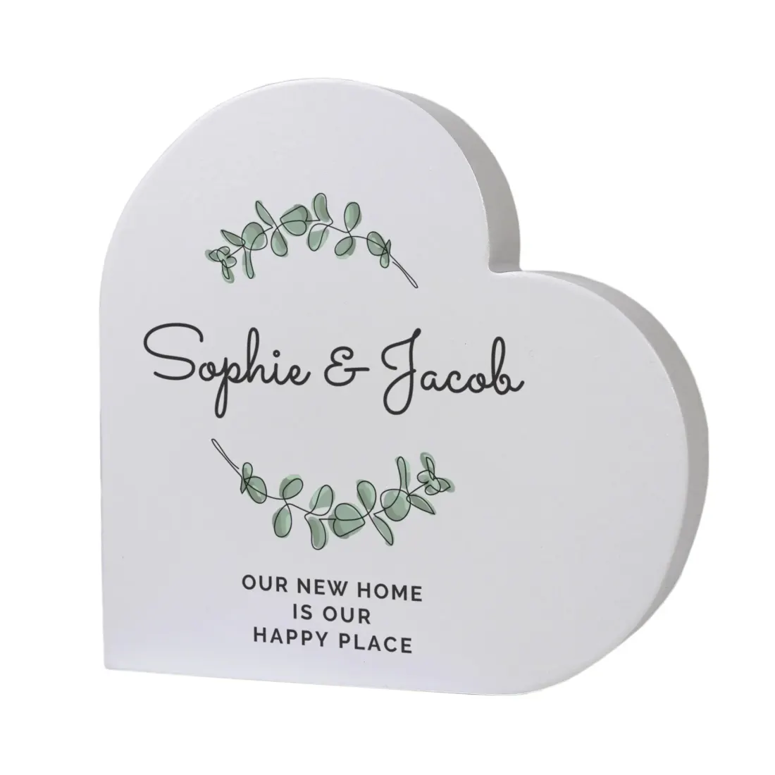 Personalised Grey Wood Heart Ornament, Botanical Leaf Engraved Keepsake, Wedding Home Decor — photo 6