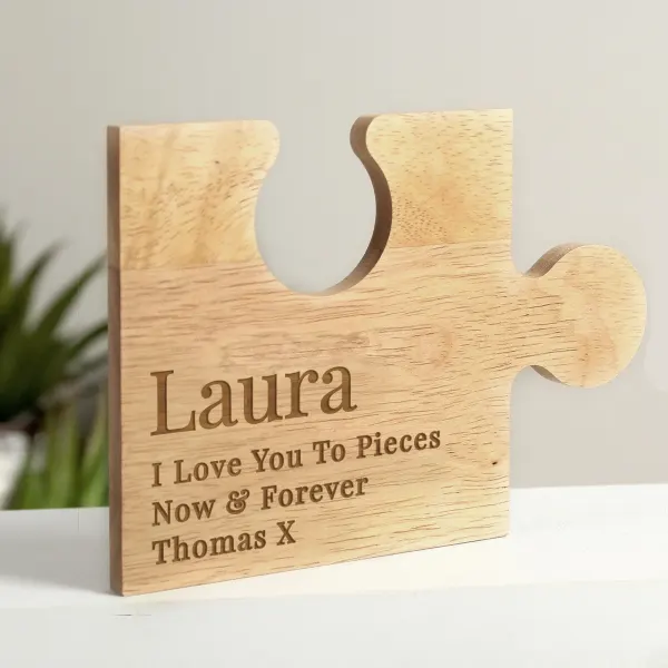 Personalised Wooden Jigsaw Piece, Custom Engraved Name Keepsake, Anniversary Love Plaque
