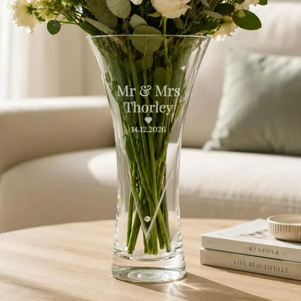 Personalised Mr and Mrs Large Hand Cut Diamond Effect Heart Vase, Engraved Crystal Wedding Anniversary Gift