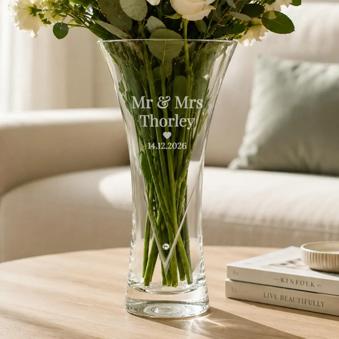 Personalised Mr and Mrs Large Hand Cut Diamond Effect Heart Vase, Engraved Crystal Wedding Anniversary Gift