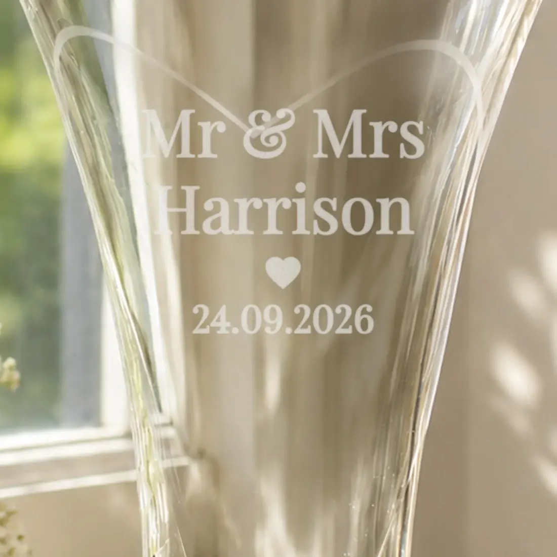 Personalised Mr and Mrs Large Hand Cut Diamond Effect Heart Vase, Engraved Crystal Wedding Anniversary Gift — photo 3