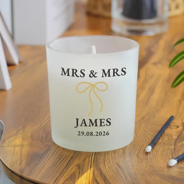 Personalised Black and Gold Bow Frosted Candle, Custom Wedding and Anniversary Gift